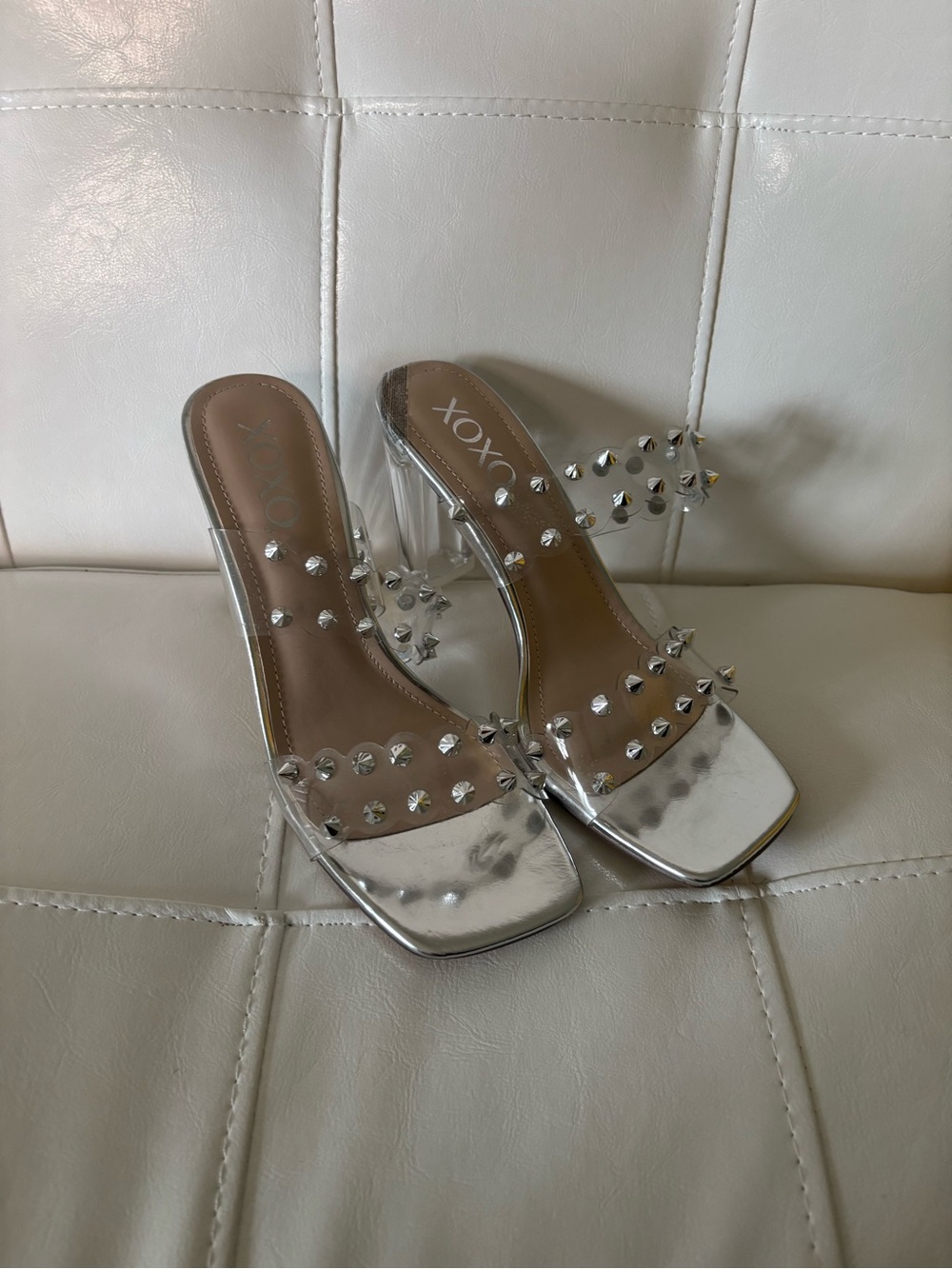 XOXO Clear Studded Block Heel Sandals with Silver Accents
